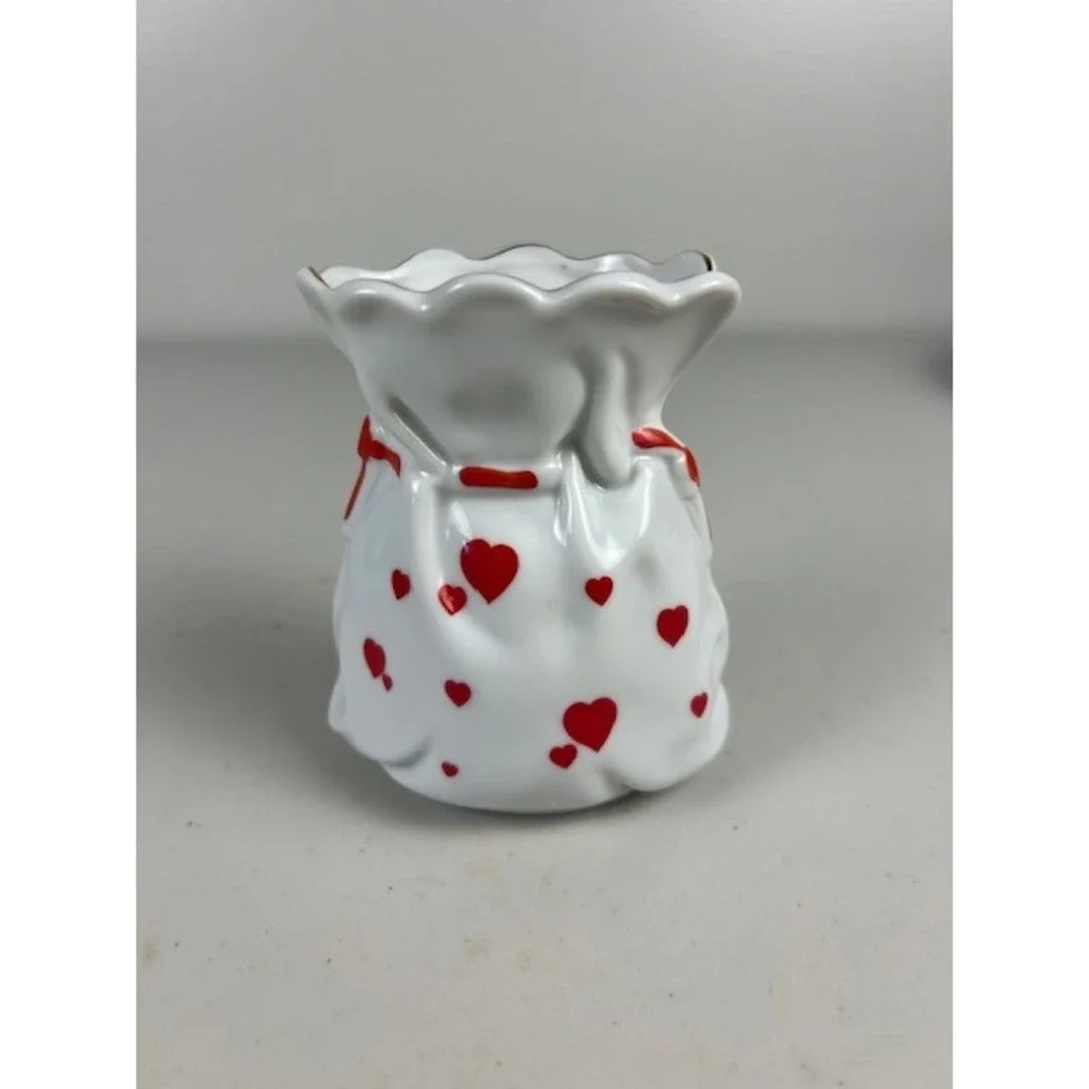 Lefton China Vintage Heart Drawstring Bag Porcelain Vase Hand Painted Japan